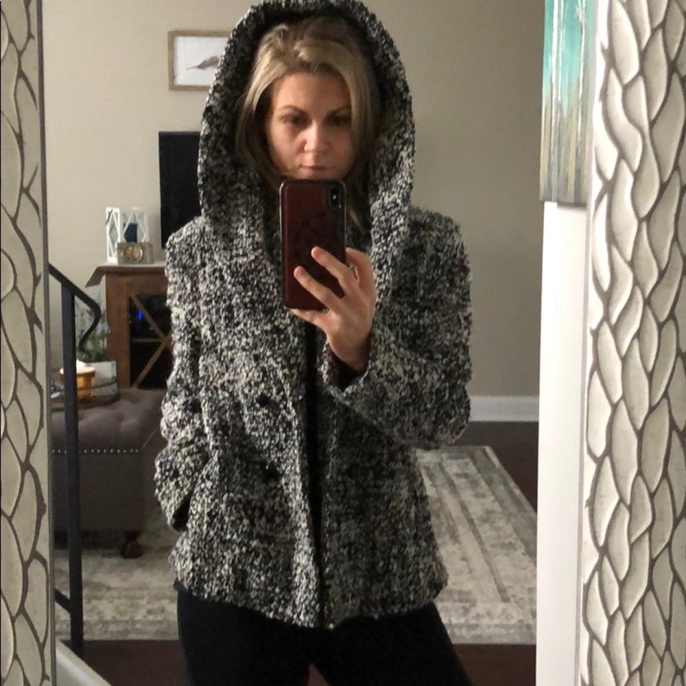 Black & White Wool Coat w/Hood
